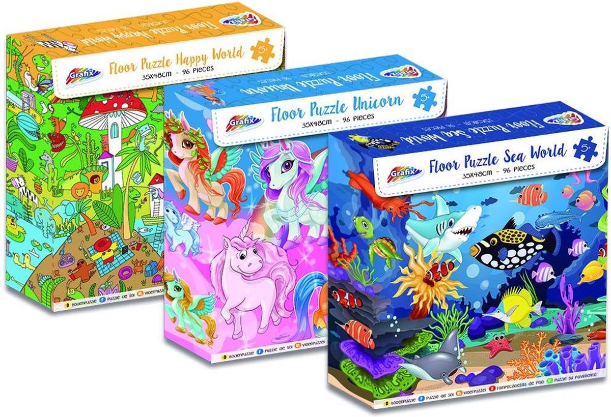 Set van 3 puzzels met 96 stukjes | Unicorn, Sea world, Happy world | 35 x 48 cm | Puzzel kinderen 5 jaar | Puzzel | Unicorn | Eenhoorn | Unicorn speelgoed | Zeedieren speelgoed | Eenhoorn speelgoed | Puzzel 100 stukjes
